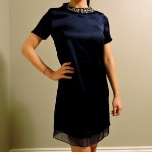 Club Monaco Silk Navy Blue Short Sleeve Mini Dress with Statement Collar